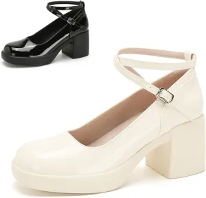 Women's Patent Leather Platform Chunky Heel Mary Jane Pumps,Closed Round Toe Cute Ankle Strap Comfortable Block Heel Dress Shoes, Formal Wedding Party Pumps Shoes