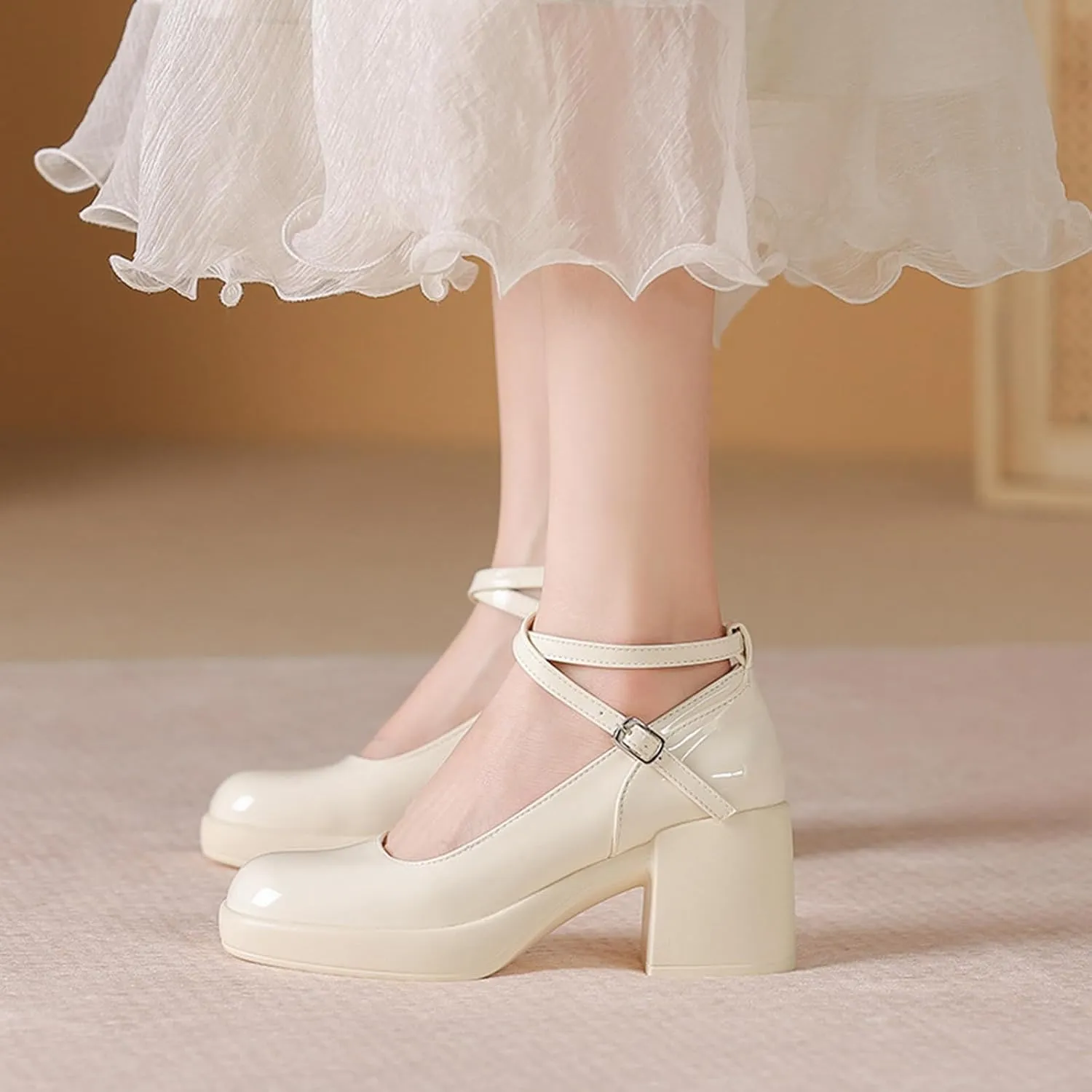 Women's Patent Leather Platform Chunky Heel Mary Jane Pumps,Closed Round Toe Cute Ankle Strap Comfortable Block Heel Dress Shoes, Formal Wedding Party Pumps Shoes