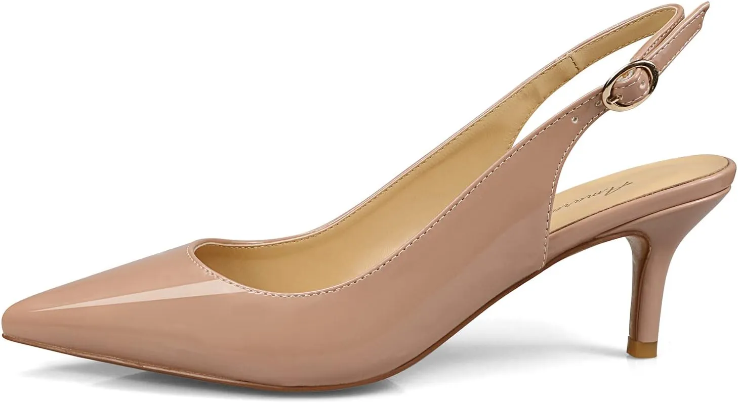 Women's Patent Leather Pointed Toe Elegant Kitten Heel Slingback Dress Pump Shoes