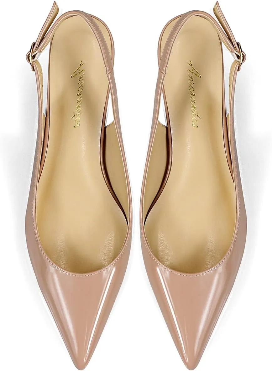 Women's Patent Leather Pointed Toe Elegant Kitten Heel Slingback Dress Pump Shoes