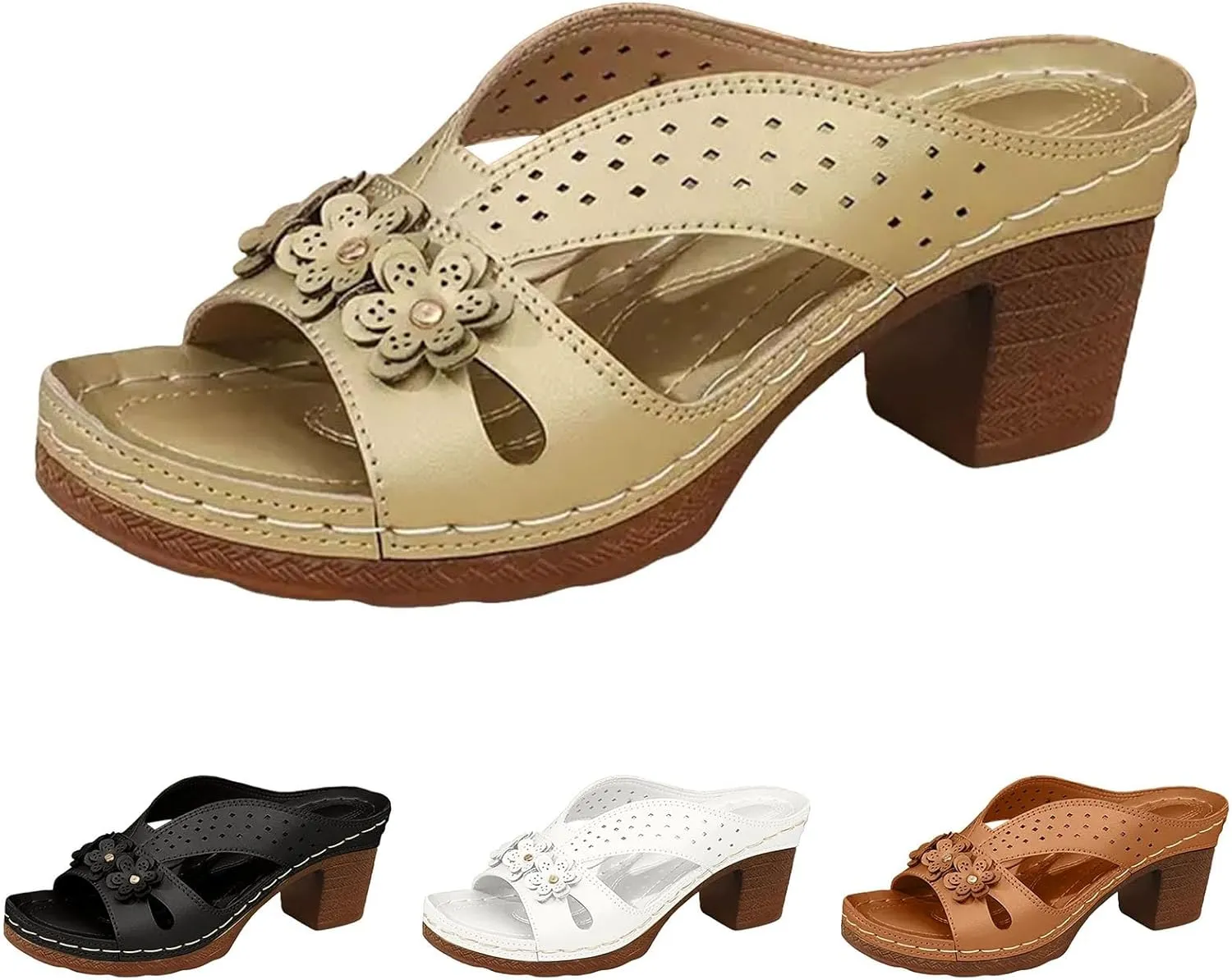 Women's Platform Chunky Heels Low Block Heeled Sandals Open Toe Slides Fashion Wedding Party Dress Sandals Casual Summer Mules Slip-on Shoes (a-Brown, 6.5)