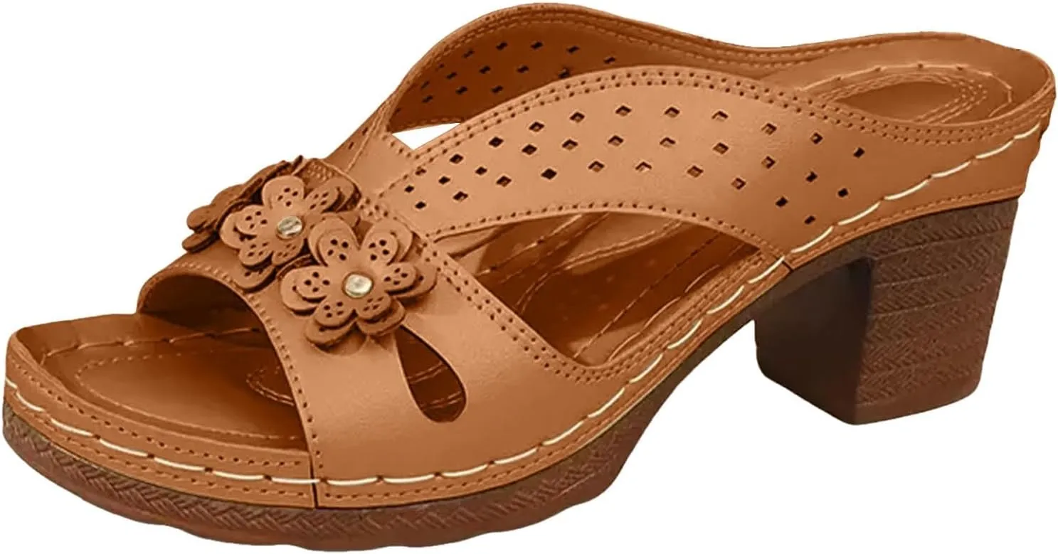 Women's Platform Chunky Heels Low Block Heeled Sandals Open Toe Slides Fashion Wedding Party Dress Sandals Casual Summer Mules Slip-on Shoes (a-Brown, 6.5)