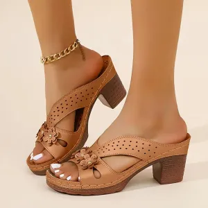 Women's Platform Chunky Heels Low Block Heeled Sandals Open Toe Slides Fashion Wedding Party Dress Sandals Casual Summer Mules Slip-on Shoes (a-Brown, 6.5)