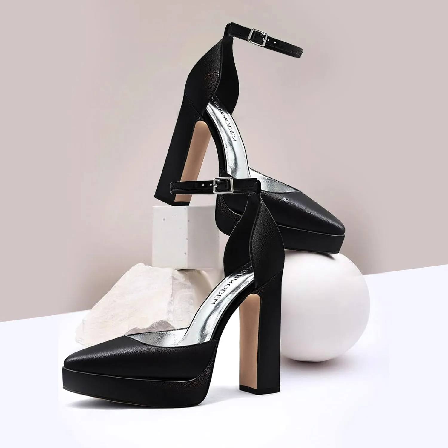 Women's Platform High Heels Chunky Closed Toe Ankle Strap Buckle Block Heel Round Pointed Toe Wedding Party Ball Dressy Pumps Dress Shoes for Women