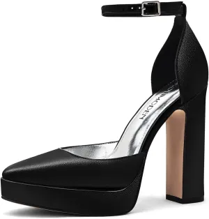 Women's Platform High Heels Chunky Closed Toe Ankle Strap Buckle Block Heel Round Pointed Toe Wedding Party Ball Dressy Pumps Dress Shoes for Women