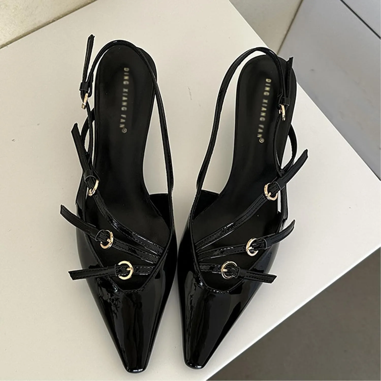 Women's Pointed Toe Kitten Heels Buckle Pumps,Sexy Slingback Adjustable Metallic Multi-Buckle Low Heel Sandals Slip On Office Party Dress Pumps Shoes