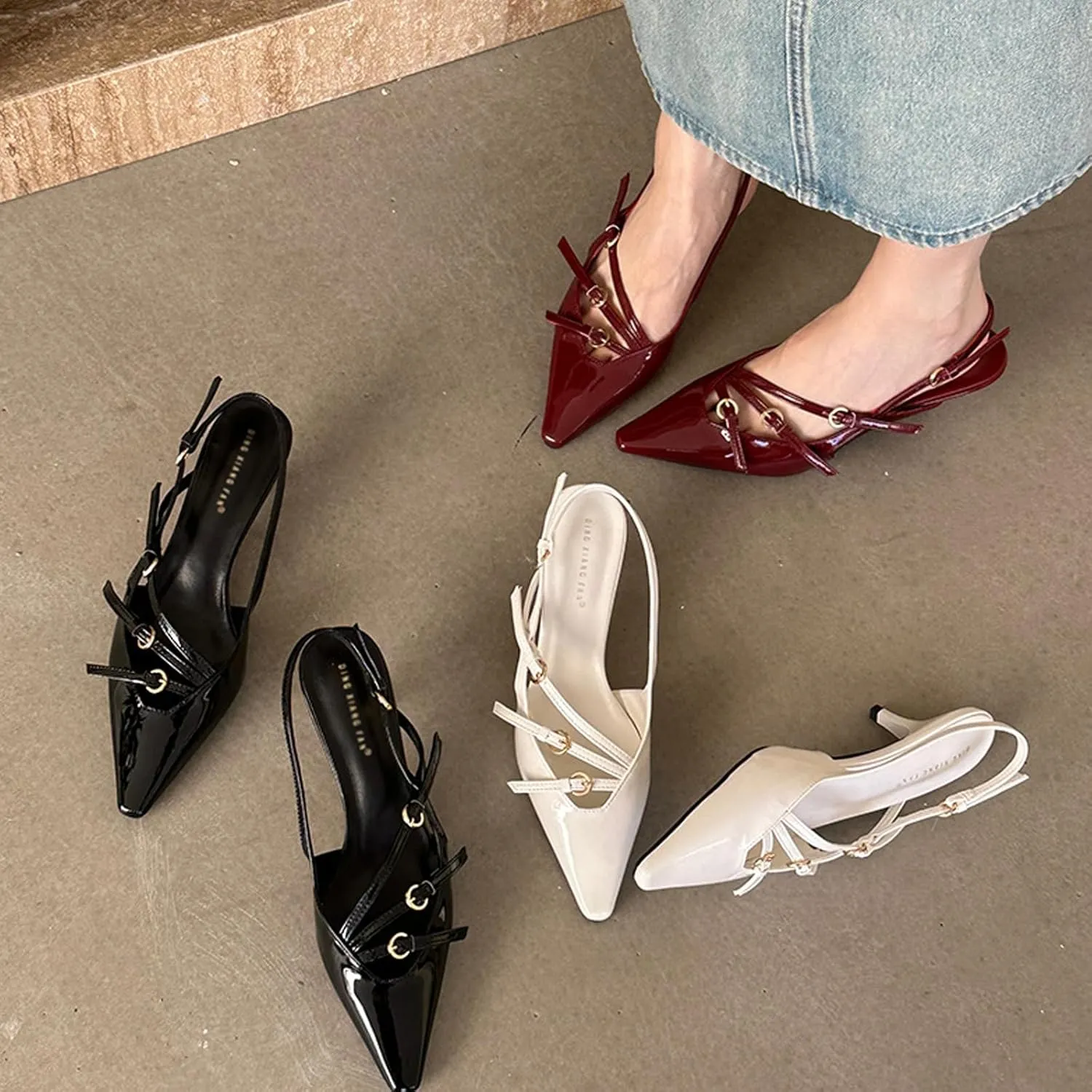 Women's Pointed Toe Kitten Heels Buckle Pumps,Sexy Slingback Adjustable Metallic Multi-Buckle Low Heel Sandals Slip On Office Party Dress Pumps Shoes