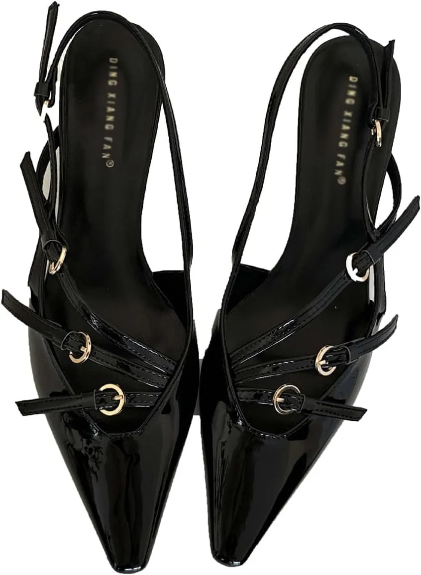 Women's Pointed Toe Kitten Heels Buckle Pumps,Sexy Slingback Adjustable Metallic Multi-Buckle Low Heel Sandals Slip On Office Party Dress Pumps Shoes