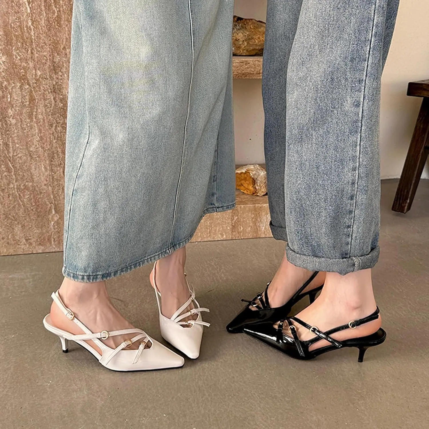 Women's Pointed Toe Kitten Heels Buckle Pumps,Sexy Slingback Adjustable Metallic Multi-Buckle Low Heel Sandals Slip On Office Party Dress Pumps Shoes
