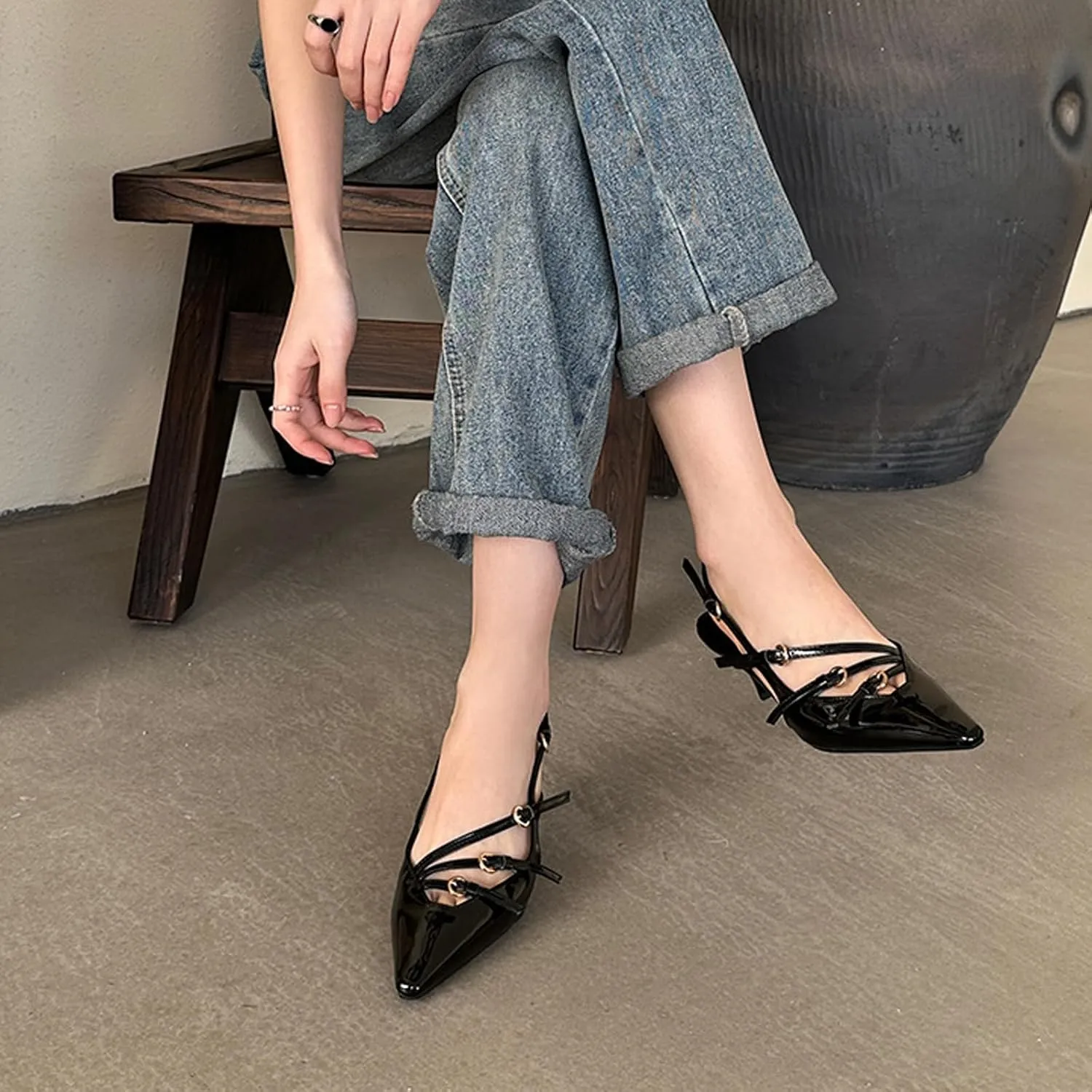 Women's Pointed Toe Kitten Heels Buckle Pumps,Sexy Slingback Adjustable Metallic Multi-Buckle Low Heel Sandals Slip On Office Party Dress Pumps Shoes