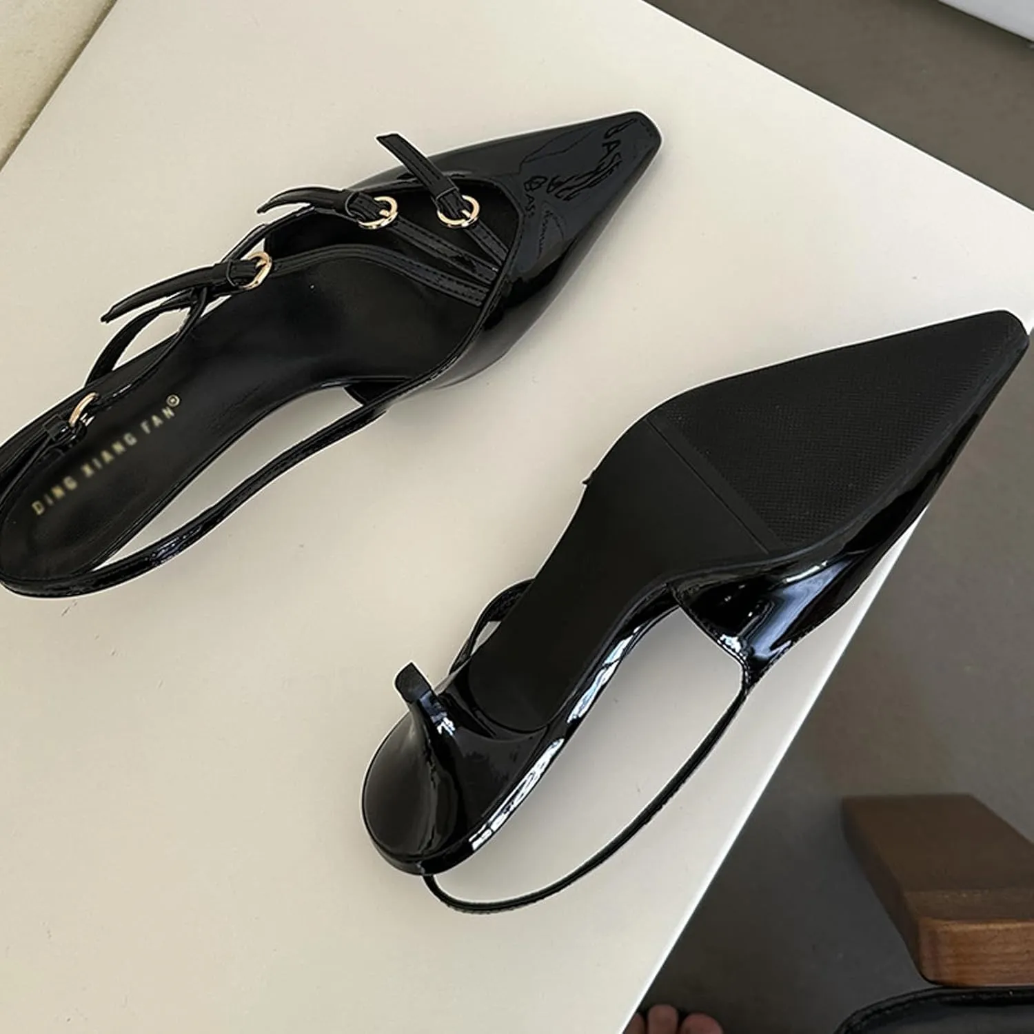 Women's Pointed Toe Kitten Heels Buckle Pumps,Sexy Slingback Adjustable Metallic Multi-Buckle Low Heel Sandals Slip On Office Party Dress Pumps Shoes