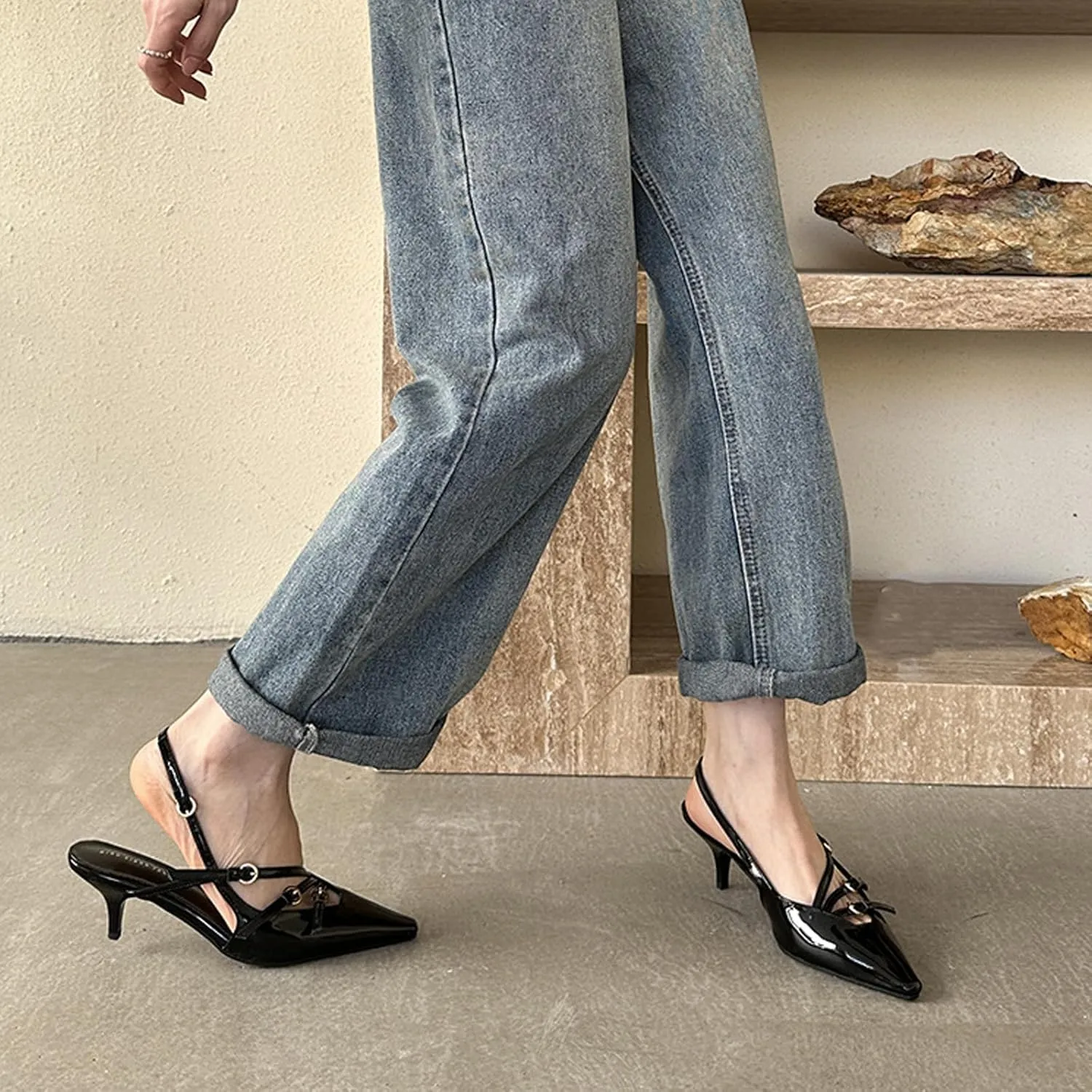 Women's Pointed Toe Kitten Heels Buckle Pumps,Sexy Slingback Adjustable Metallic Multi-Buckle Low Heel Sandals Slip On Office Party Dress Pumps Shoes