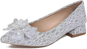 Women's Pointed Toe Rhinestone Bow Silk Low Heel Pumps Luxurious Crystal Comfortable Block Heel Slip-On Wedding Formal Work Shoes