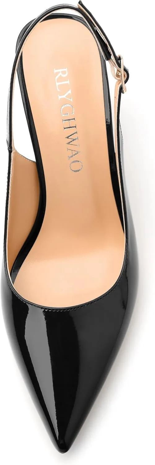 Women's Pumps, Pointed Toe High Heels, Slingback with Buckle, Fashion Solid Patent Pumps for Working Partying Wedding