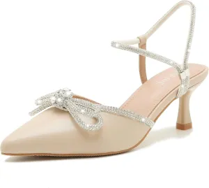 Womens Rhinestone Bow Heels, Slingback Low Kitten Heel Pumps Sparkly Closed Pointed Toe Ankle Strap Formal Evening Wedding Dress Party Shoes