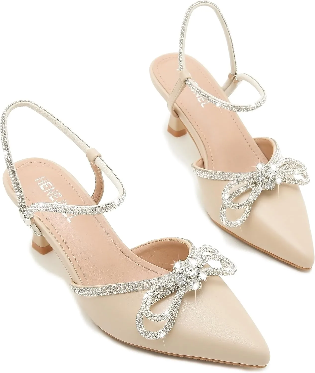 Womens Rhinestone Bow Heels, Slingback Low Kitten Heel Pumps Sparkly Closed Pointed Toe Ankle Strap Formal Evening Wedding Dress Party Shoes