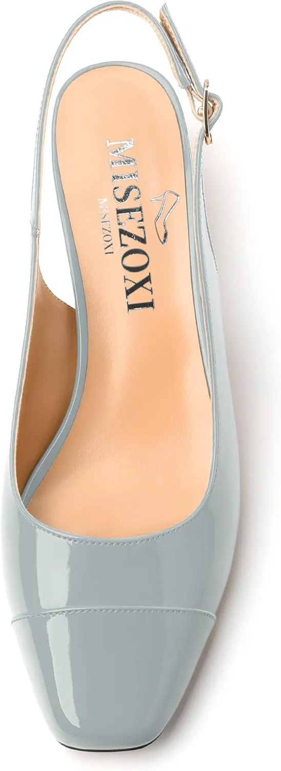 Women's Slingback Pumps, Low Chunky Heels Square Toe Pumps for Women, Block Heels Dress Shoes Closed Toe Comfortable Wedding Work Pump Sandals