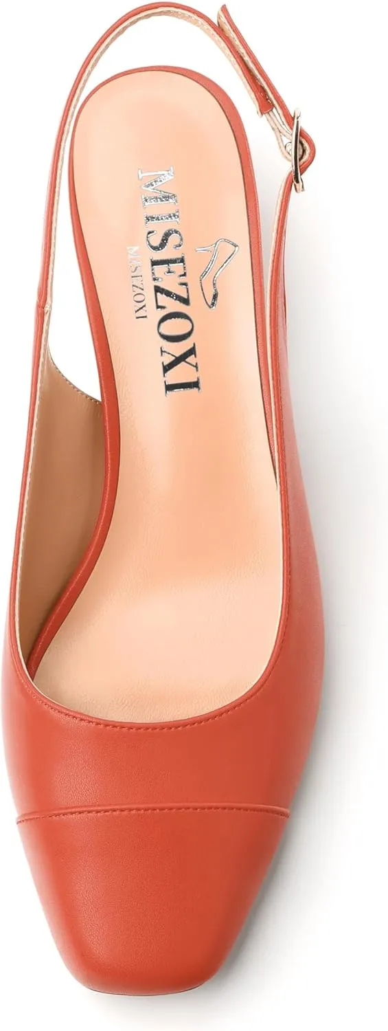 Womens Sqaure Toe Block Heel Slingback Pumps