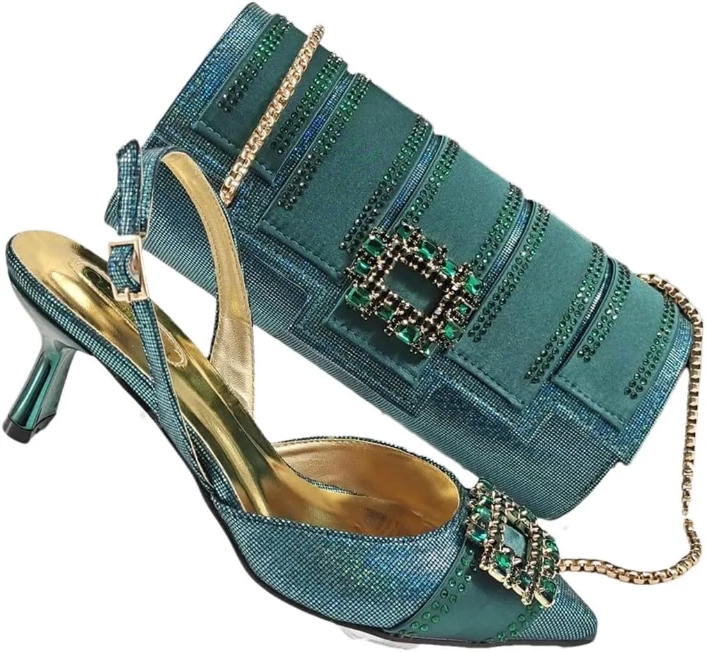 Women's Stylish Pointed Toe Pump and Handbag Set with Buckle Strap for Party and Evening Events