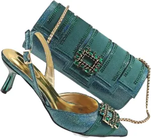 Women's Stylish Pointed Toe Pump and Handbag Set with Buckle Strap for Party and Evening Events