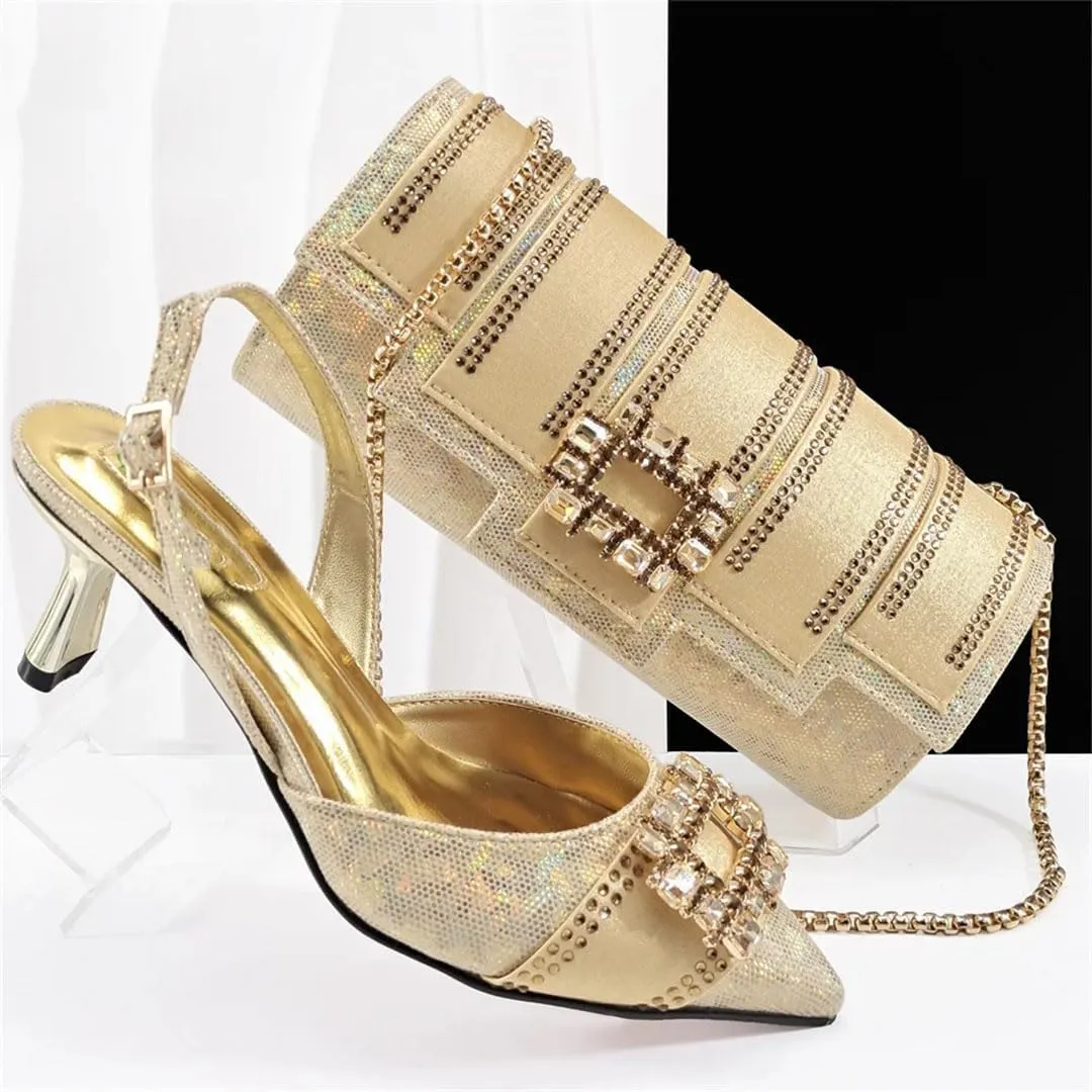 Women's Stylish Pointed Toe Pump and Handbag Set with Buckle Strap for Party and Evening Events