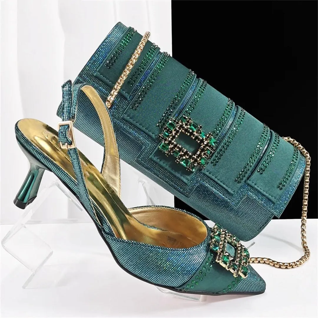 Women's Stylish Pointed Toe Pump and Handbag Set with Buckle Strap for Party and Evening Events