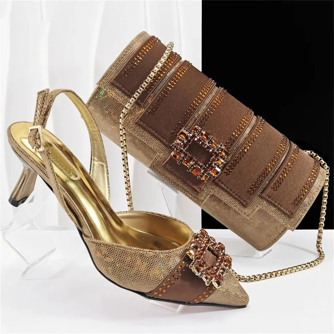 Women's Stylish Pointed Toe Pump and Handbag Set with Buckle Strap for Party and Evening Events