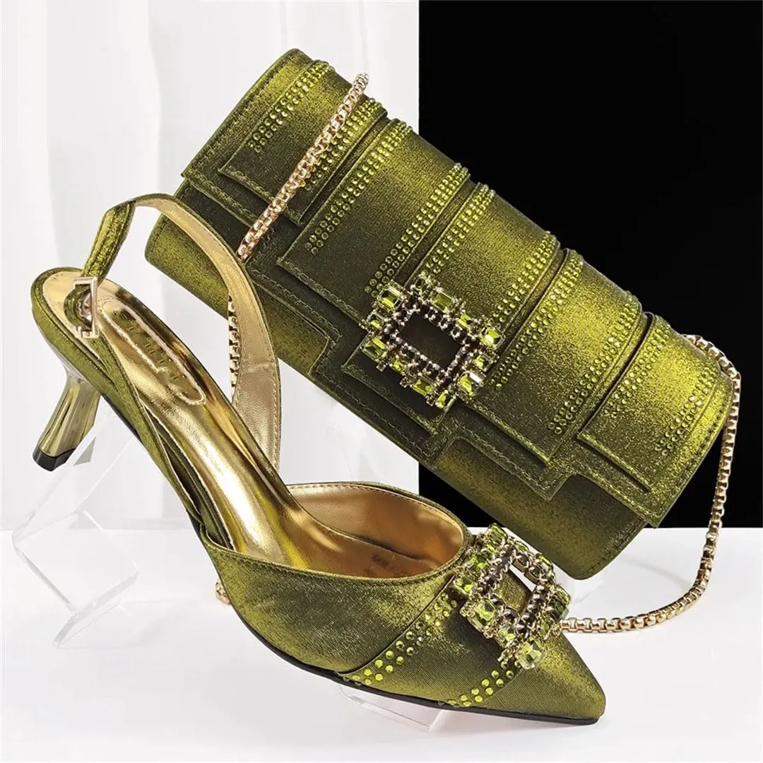 Women's Stylish Pointed Toe Pump and Handbag Set with Buckle Strap for Party and Evening Events