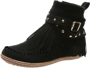 Women's Suede Fringe Boots Moccasins Tassel Cross Studded Strappy Flat Ankle Boots Non-slip Fall Winter (Black, 9)