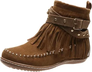 Women's Suede Fringe Boots Moccasins Tassel Cross Studded Strappy Flat Ankle Boots Non-slip Fall Winter (Brown, 8.5)