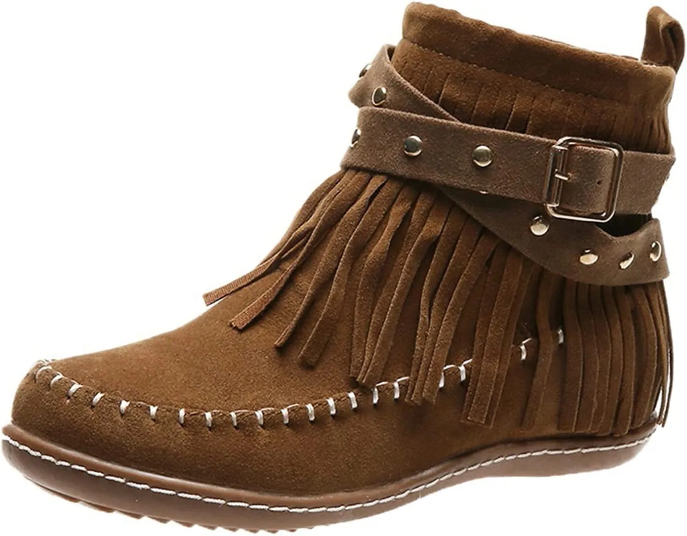 Women's Suede Fringe Boots Moccasins Tassel Cross Studded Strappy Flat Ankle Boots Non-slip Fall Winter (Brown, 8.5)