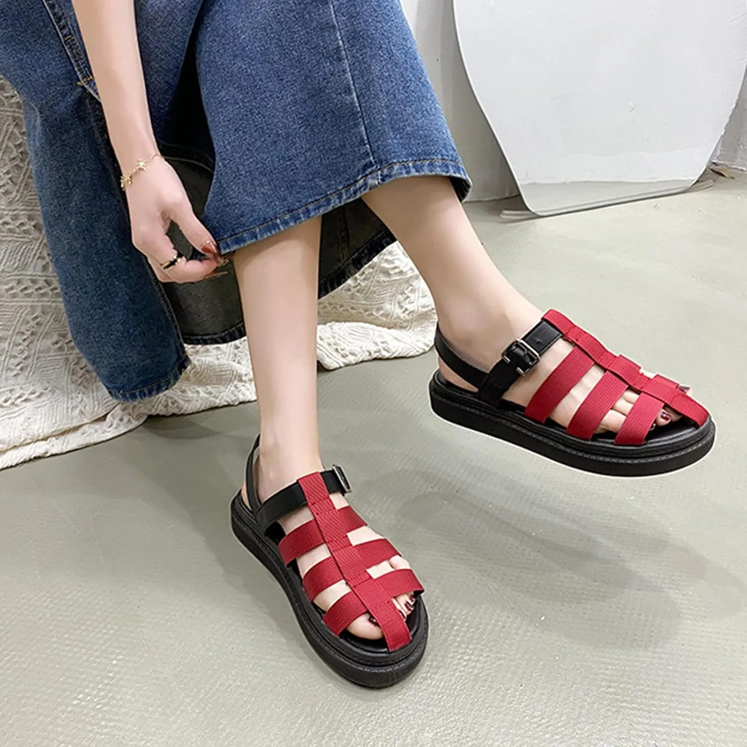 Women's Summer Baotou Hollow Gladiator Sandals,Two Tone Adjustable Buckle Decor Braided Flat Closed Toe Roma Sandals