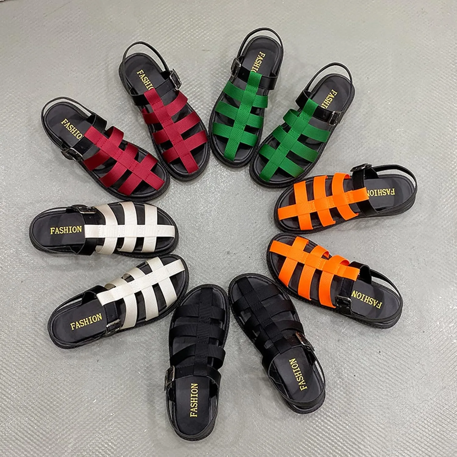 Women's Summer Baotou Hollow Gladiator Sandals,Two Tone Adjustable Buckle Decor Braided Flat Closed Toe Roma Sandals