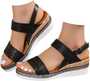 Women's Summer Orthopedic Wedge Sandals, Black, Size Not Specified, Open Toe, Ankle Strap, Espadrilles, Arch Support, Platform, Beach, Casual, Slip On