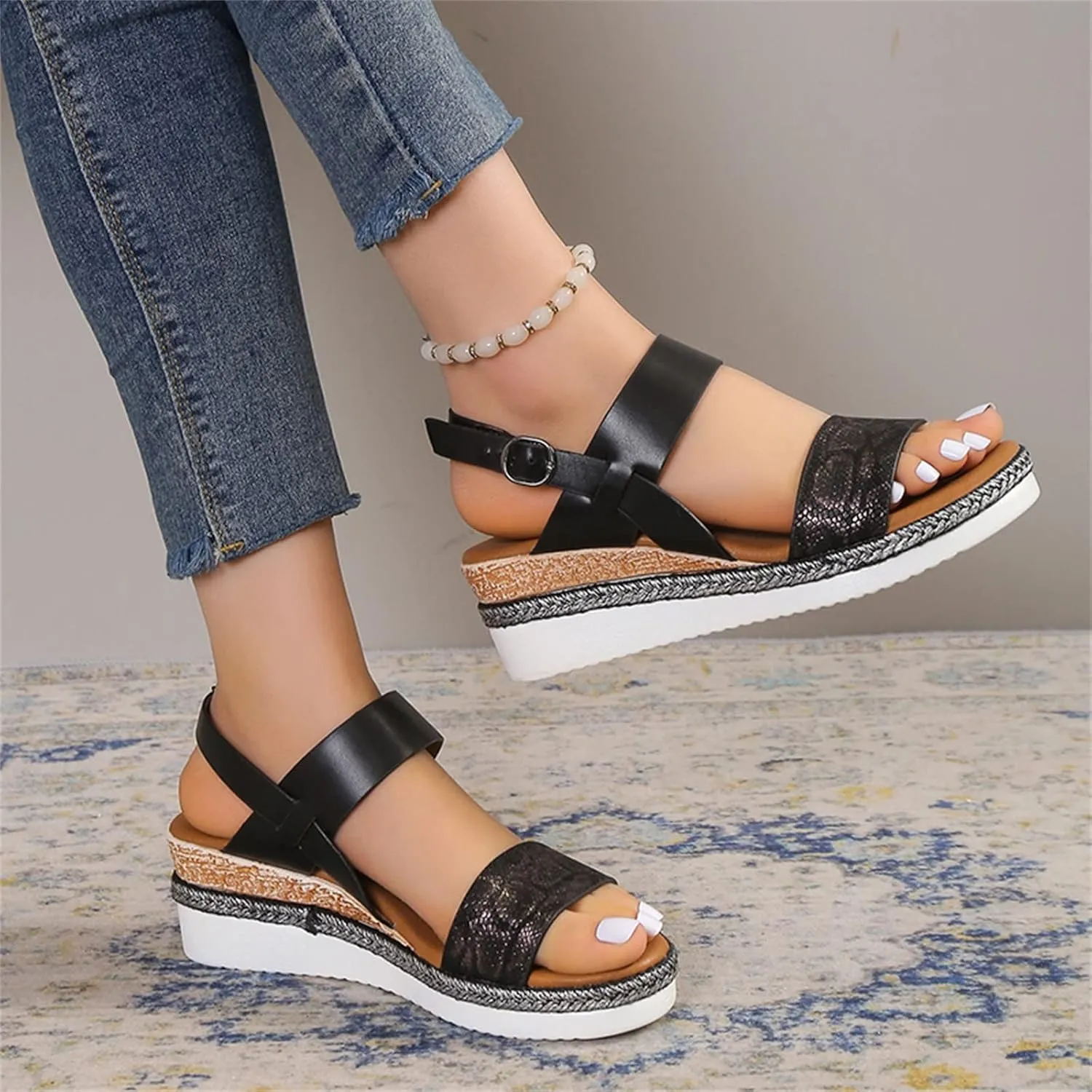 Women's Summer Orthopedic Wedge Sandals, Black, Size Not Specified, Open Toe, Ankle Strap, Espadrilles, Arch Support, Platform, Beach, Casual, Slip On