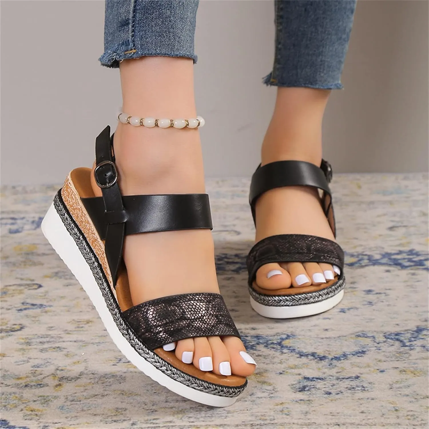 Women's Summer Orthopedic Wedge Sandals, Black, Size Not Specified, Open Toe, Ankle Strap, Espadrilles, Arch Support, Platform, Beach, Casual, Slip On