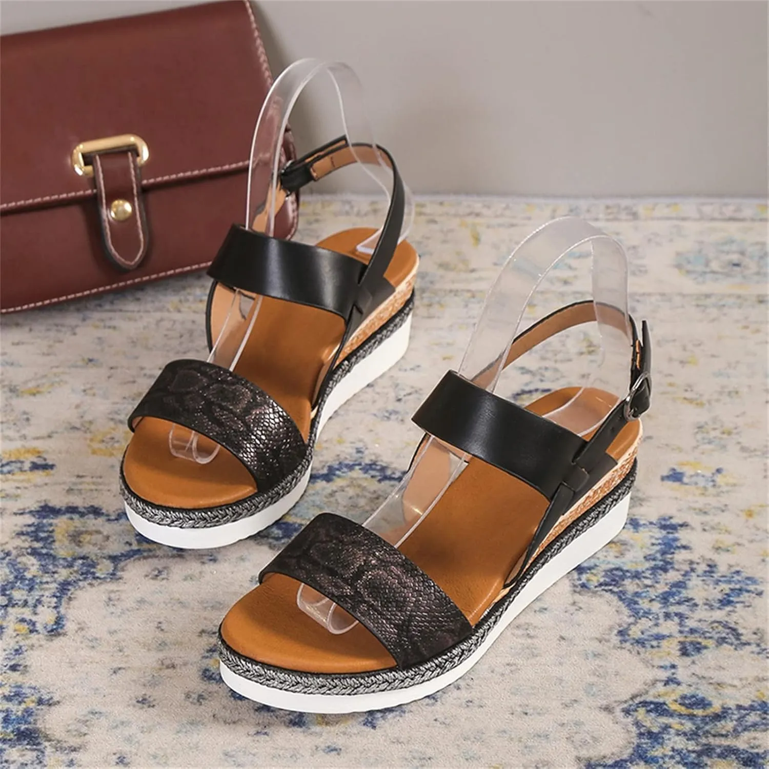 Women's Summer Orthopedic Wedge Sandals, Black, Size Not Specified, Open Toe, Ankle Strap, Espadrilles, Arch Support, Platform, Beach, Casual, Slip On