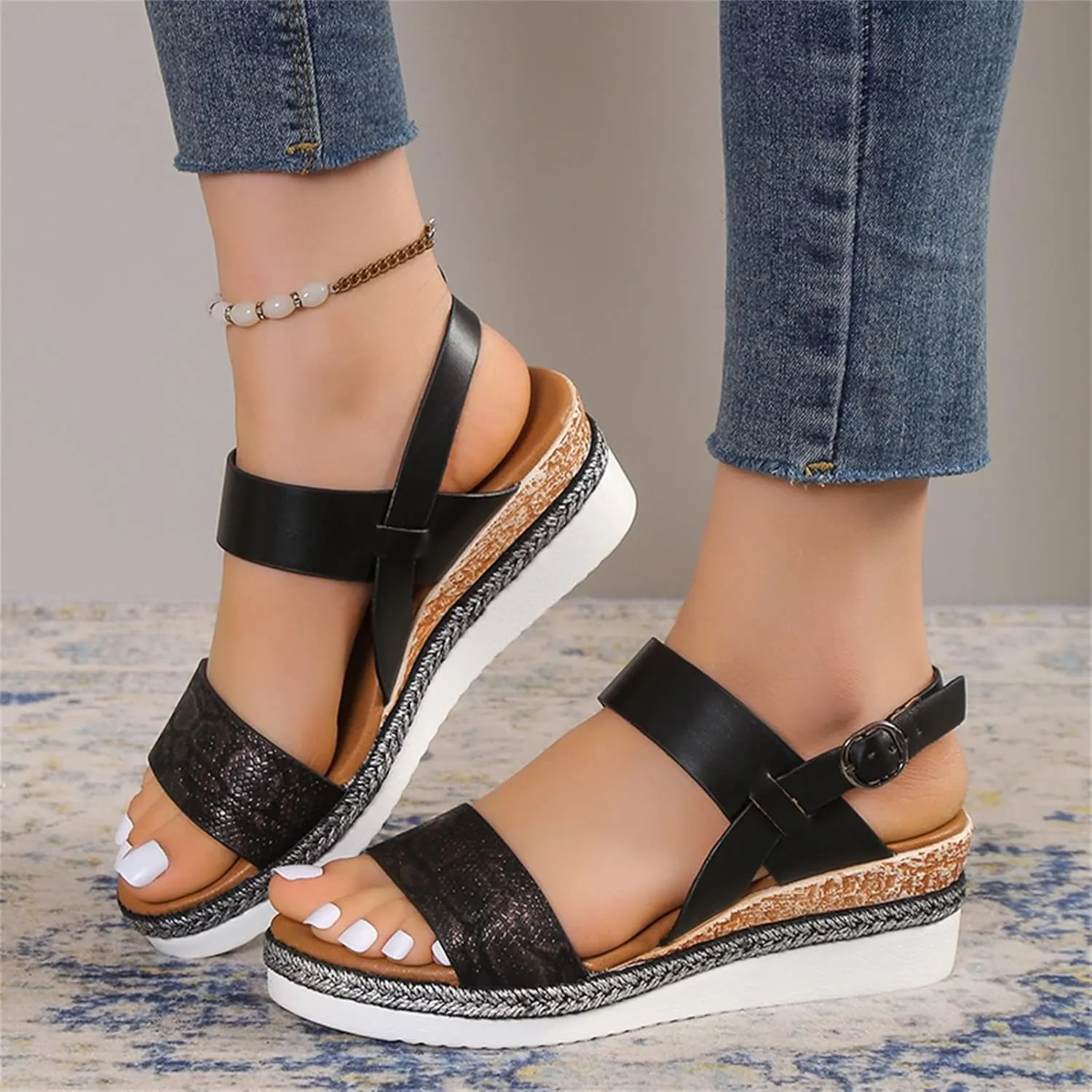 Women's Summer Orthopedic Wedge Sandals, Black, Size Not Specified, Open Toe, Ankle Strap, Espadrilles, Arch Support, Platform, Beach, Casual, Slip On