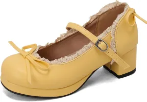Women's Sweet Cute Bow Platform Lolita Mary Jane Pumps Round Toe Low Block Chunky Heels Ankle Strap Buckle Prom Party Princess Dress Shoes