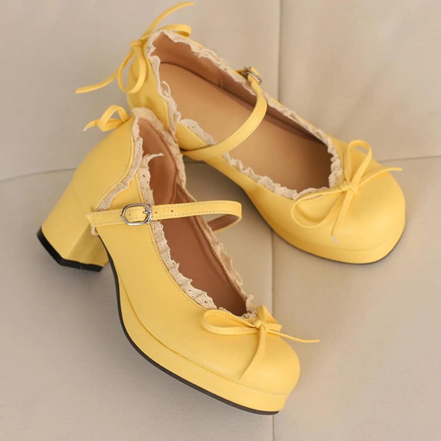 Women's Sweet Cute Bow Platform Lolita Mary Jane Pumps Round Toe Low Block Chunky Heels Ankle Strap Buckle Prom Party Princess Dress Shoes
