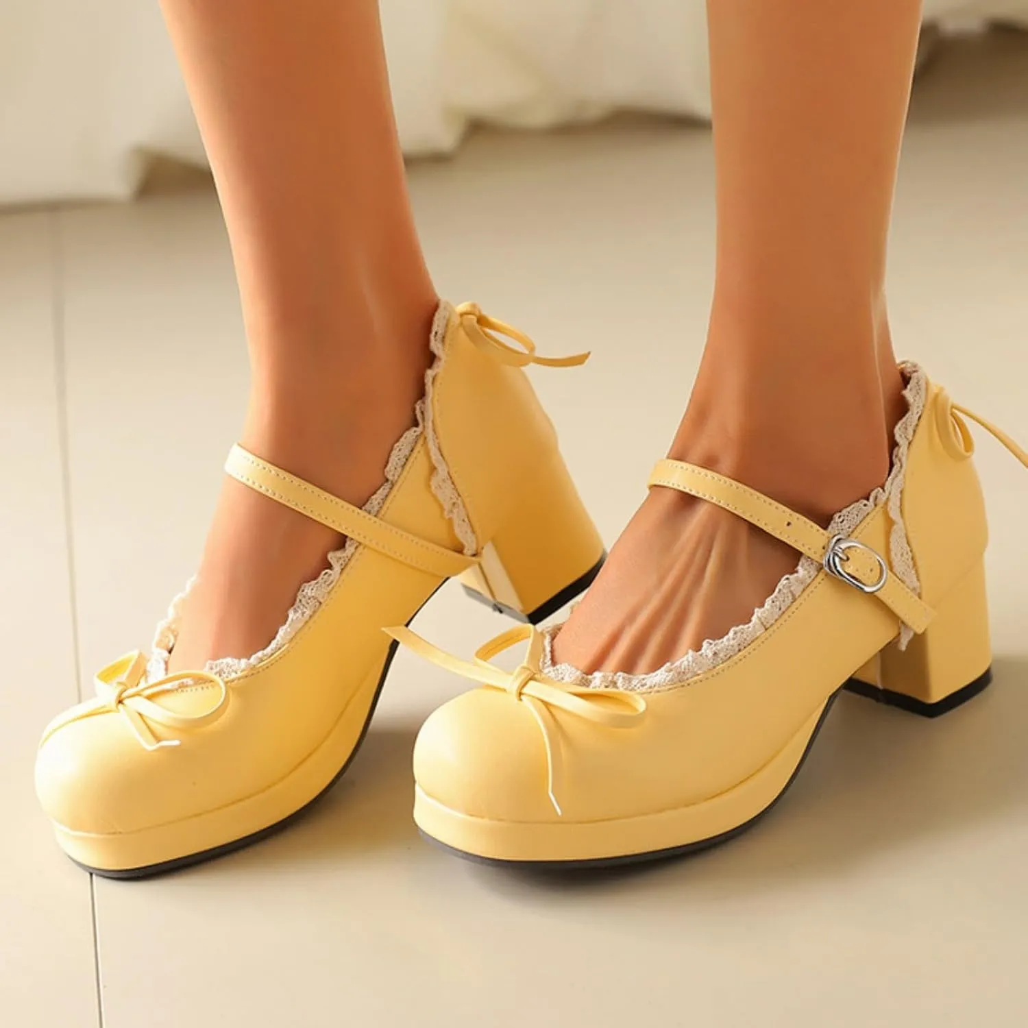 Women's Sweet Cute Bow Platform Lolita Mary Jane Pumps Round Toe Low Block Chunky Heels Ankle Strap Buckle Prom Party Princess Dress Shoes