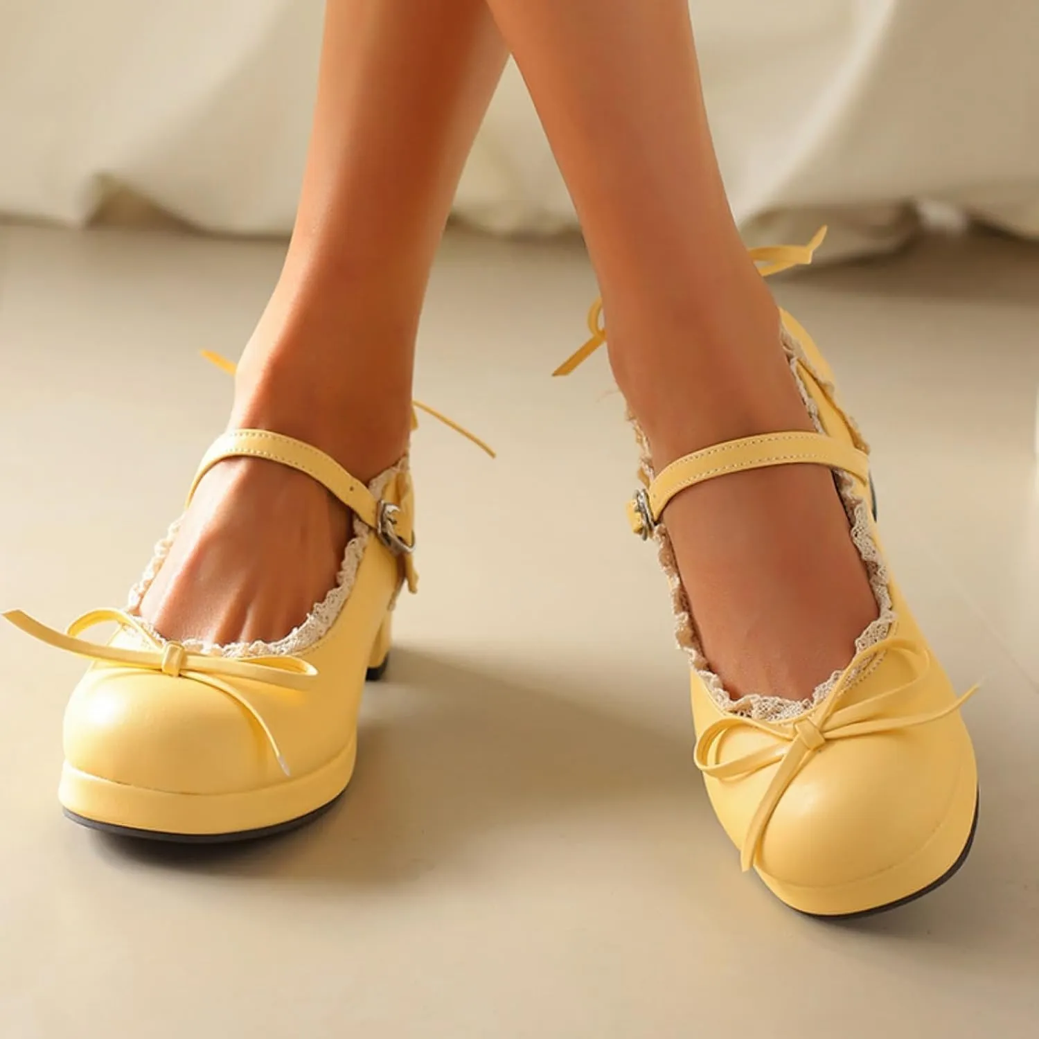 Women's Sweet Cute Bow Platform Lolita Mary Jane Pumps Round Toe Low Block Chunky Heels Ankle Strap Buckle Prom Party Princess Dress Shoes