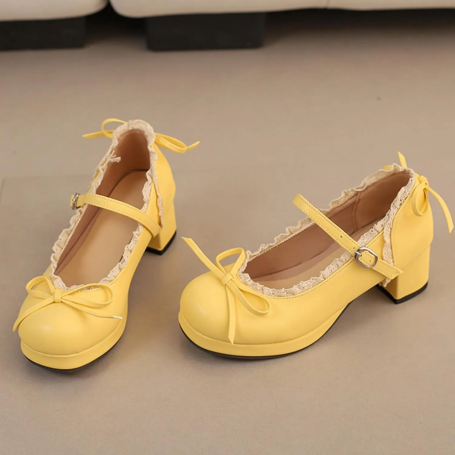 Women's Sweet Cute Bow Platform Lolita Mary Jane Pumps Round Toe Low Block Chunky Heels Ankle Strap Buckle Prom Party Princess Dress Shoes