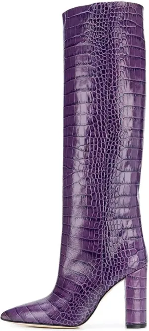 Womens Thigh High Boots Fashion Purple Crocodile Pattern Leather Slip On Chunky Heeled Booties Winter Wearing Booties Sexy Stripper Club Party Prom Pumps,Purple,46