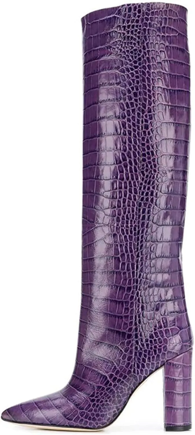 Womens Thigh High Boots Fashion Purple Crocodile Pattern Leather Slip On Chunky Heeled Booties Winter Wearing Booties Sexy Stripper Club Party Prom Pumps,Purple,46