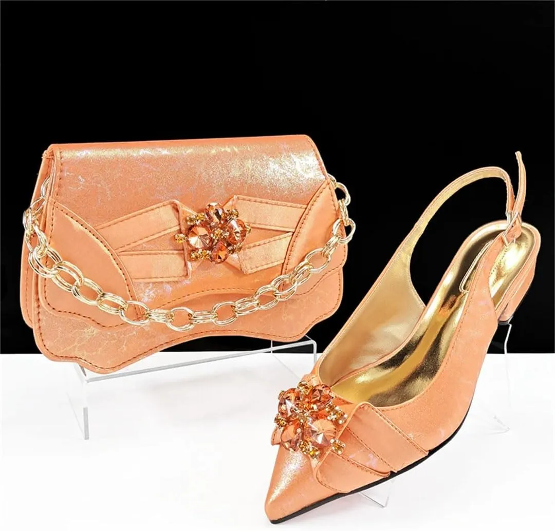 Women's Trendy Round Heel Pointed Toe Pump and Bag Set with Buckle Strap for Fashionable Outfits