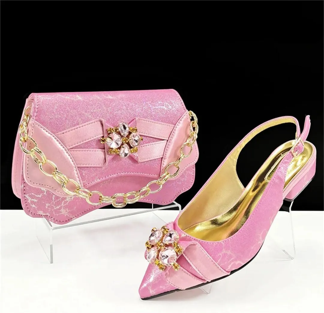 Women's Trendy Round Heel Pointed Toe Pump and Bag Set with Buckle Strap for Fashionable Outfits