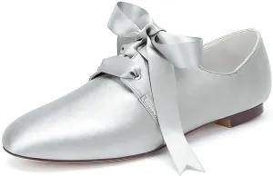 Womens Wedding Shoes Women’s Flat Shoes Round Toe Satin Lace up Low Heels Comfort Dress Shoes Wedding Bridal Pumps Sandals Dark Green(Silver,4 UK)