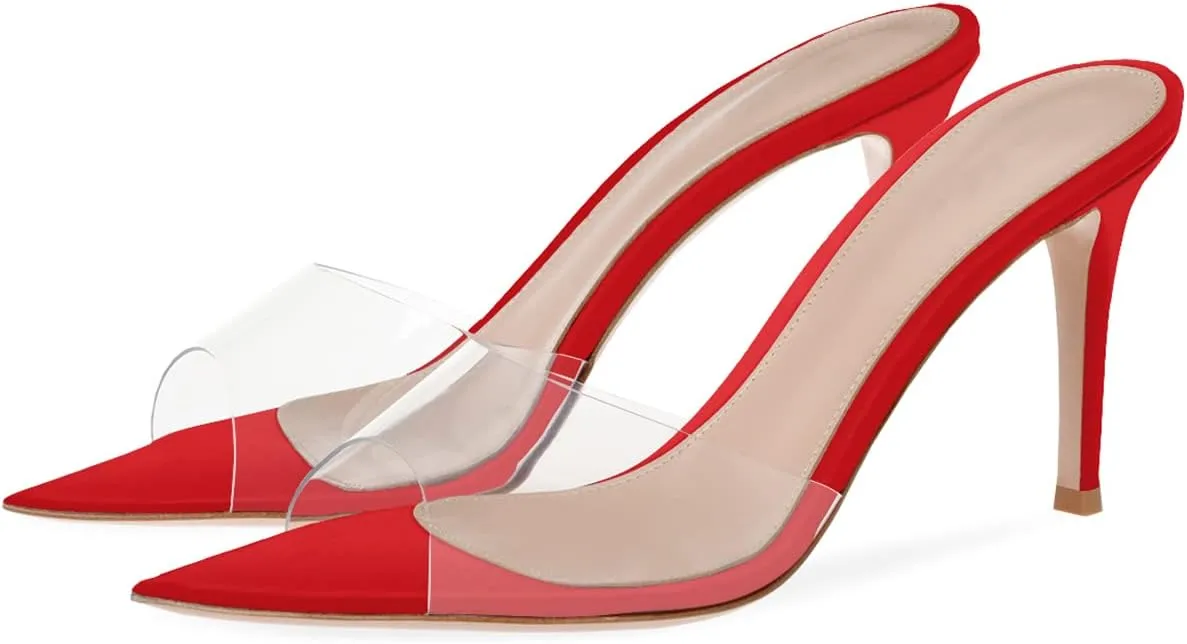 XINIUNIU Clear Mules for Women Heeled Sandals Pointed Open Toe Transparent Stilettos 3.5 inch Backless Slip On Dress Shoes for Party Wedding