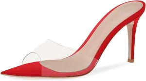 XINIUNIU Clear Mules for Women Heeled Sandals Pointed Open Toe Transparent Stilettos 3.5 inch Backless Slip On Dress Shoes for Party Wedding